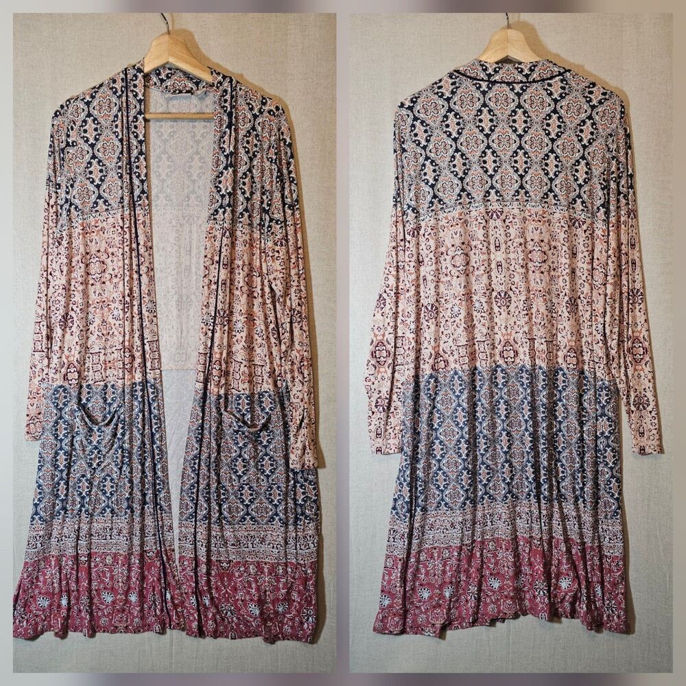 LOGO by Lori Goldstein Long Cardigan Knit Mixed Print Pink Blue Womens XL Modest